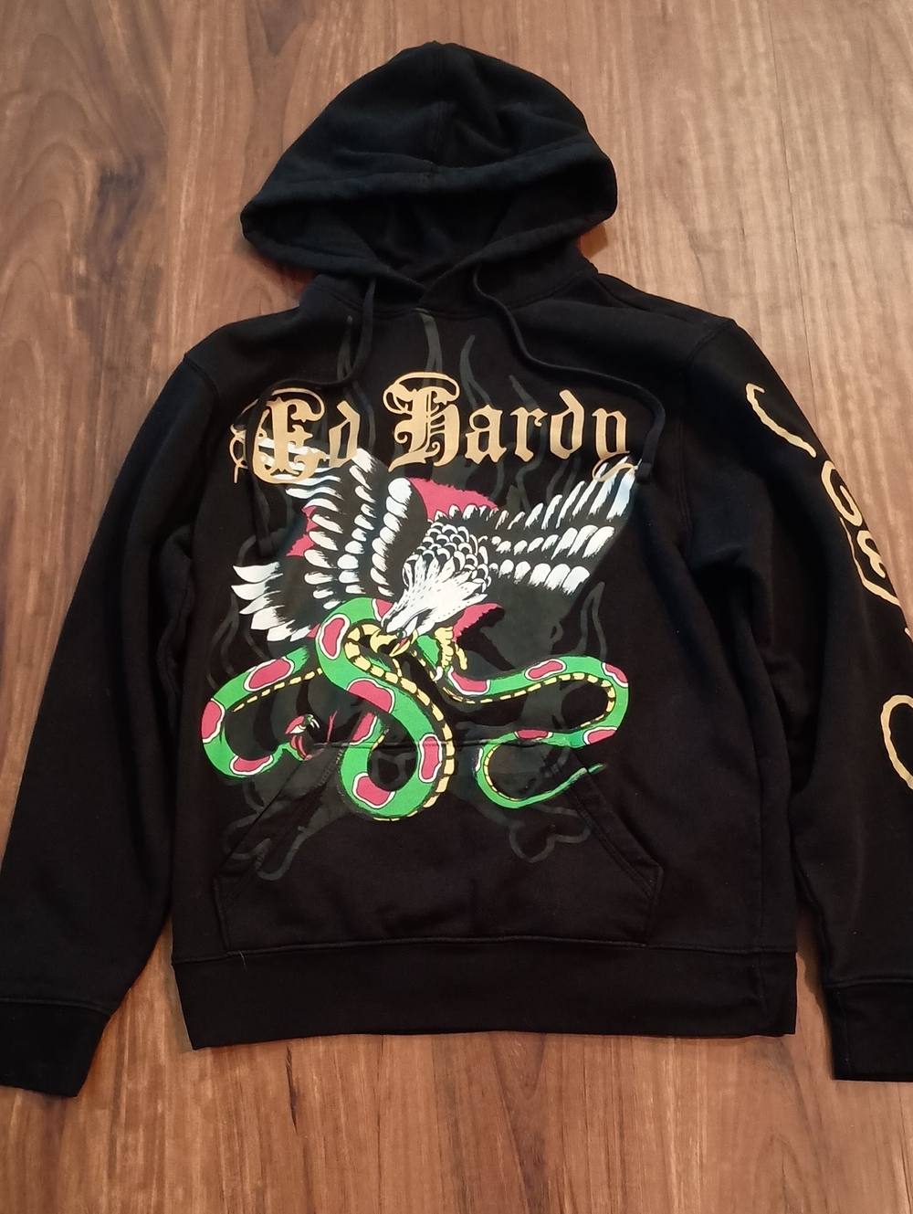 Ed Hardy Black Hoodie with Eagle and Green/Pink Snake Graphic